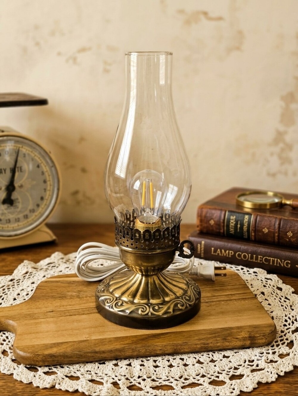 Vintage Electric Hurricane Accent Lamp | Brass Tone & Clear Glass Chimney